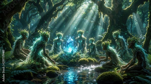 Mythical forest spirits gather around glowing blue crystal in enchanted woods. Dryads, wood nymphs perform magic ritual near river stream. Sunbeams shine through ancient trees in mystical grove.