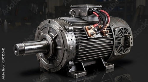 Heavy duty industrial electric motor engine on dark background