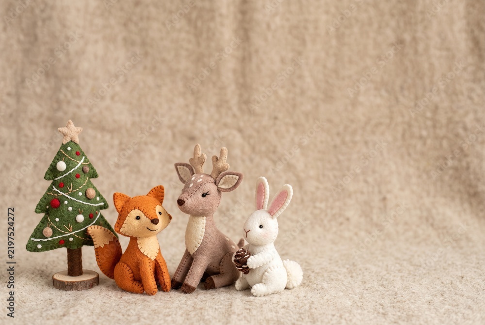 Fototapeta premium Felt figures of a fox, deer, and rabbit gather around a small Christmas tree. They sit on a neutral-colored background. This scene captures a holiday theme with copy space