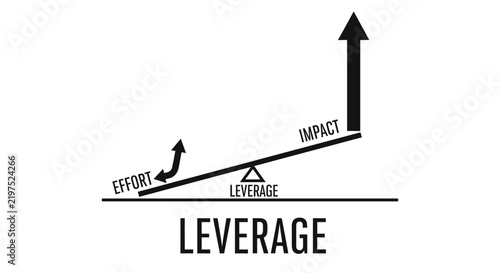Black and white vector diagram concept of leverage showing effort and impact with a fulcrum arrow on a white background.