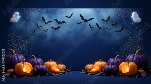 Spooky halloween background featuring glowing orange pumpkins and silhouettes of flying bats under a dark moonlit night sky