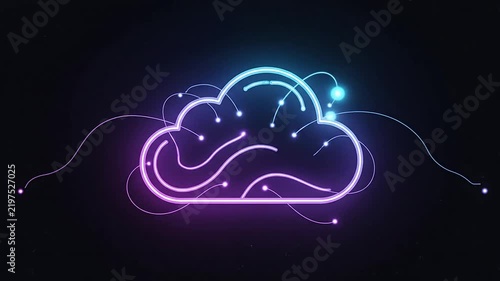 A glowing neon cloud symbol floats in darkness