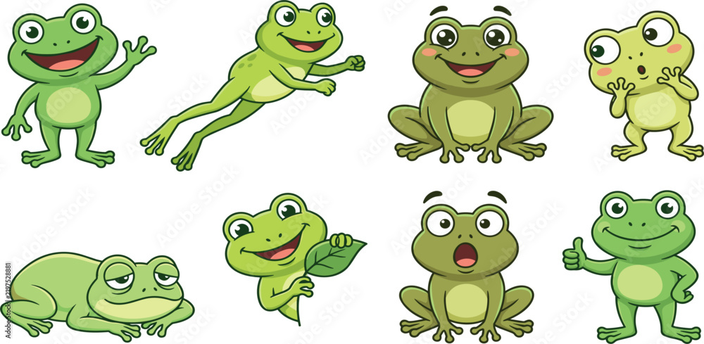 Fototapeta premium Cute green frog cartoon emoji character sticker set with various funny expressions and poses vector