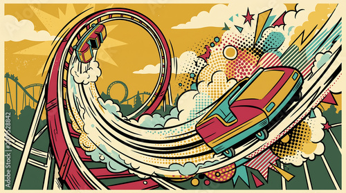 Dynamic Vintage Comic Book Style Rollercoaster Illustration with Vibrant Pop Art Colors and Explosive Halftone Action Details