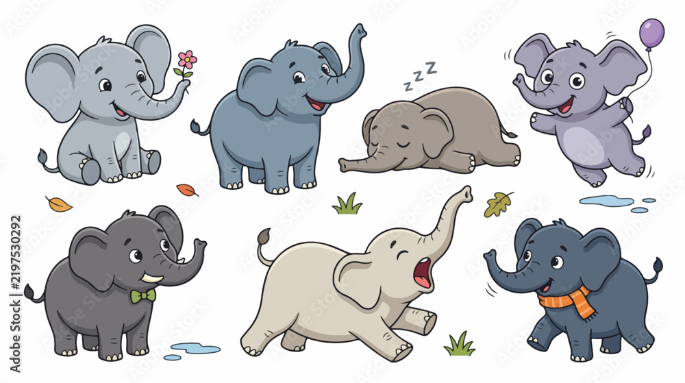 Fototapeta premium Cute Elephant Characters with Different Poses and Expressions