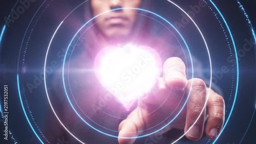 A glowing pink heart shape floats in cyberspace