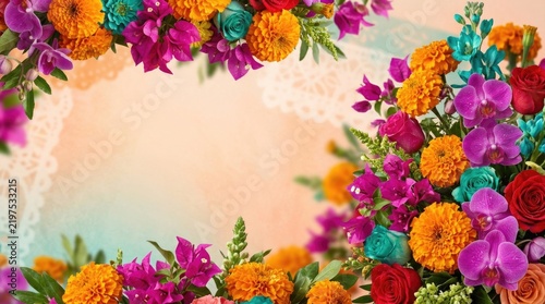 Mexican Day of the Dead floral border featuring orange marigold, purple orchid, pink bougainvillea, textured pastel background for traditional Dia de los Muertos, All Souls, Saints annual holiday.