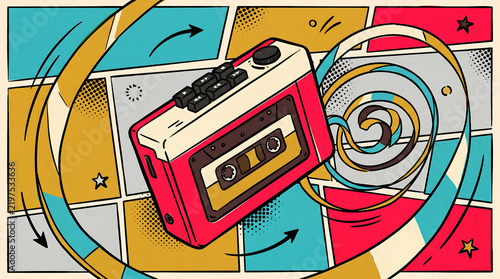 Dynamic Pop Art Illustration of a Vintage Cassette Tape with Swirling Colorful Ribbons in Comic Style
