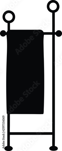 Minimalist black silhouette of a modern towel rack or bathroom stand with a hanging towel, simple vector icon design for interior decor and home organization