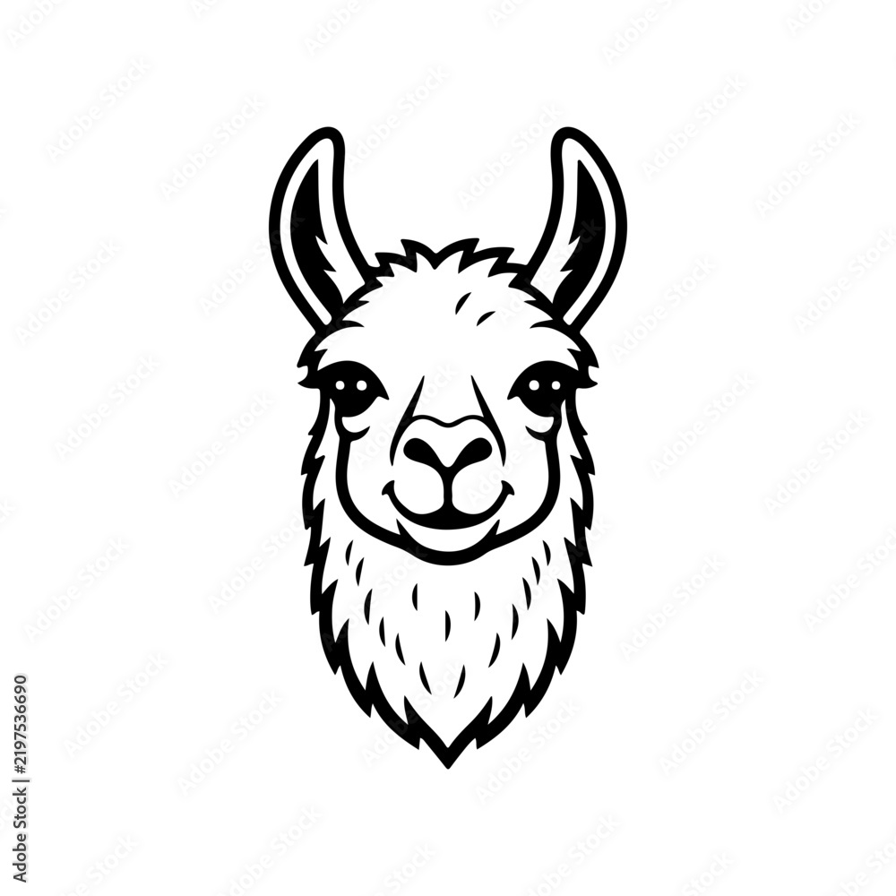 Fototapeta premium A bold black and white vector illustration of a llama's head. This high-contrast animal portrait features expressive eyes and large ears on a clean white background.