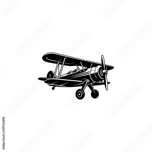 A detailed black and white vector illustration of a vintage biplane with a propeller. A clean, high-contrast retro aviation icon isolated on a white background.