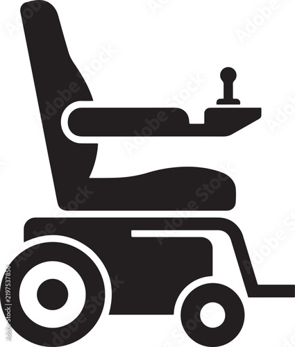 Black and white silhouette icon of an electric motorized wheelchair with a joystick controller, side profile view of a mobility aid for disabled persons also transparent background
