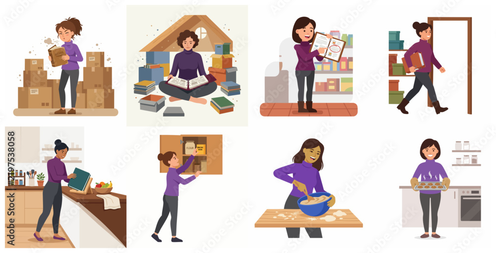 Fototapeta premium Flat vector illustration set of a woman organizing home, decluttering boxes, managing pantry, and baking cookies in the kitchen