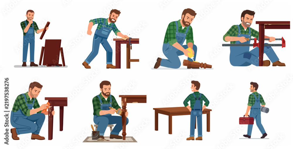 Fototapeta premium Carpenter and Handyman Character Set for Woodworking and Furniture Restoration Projects