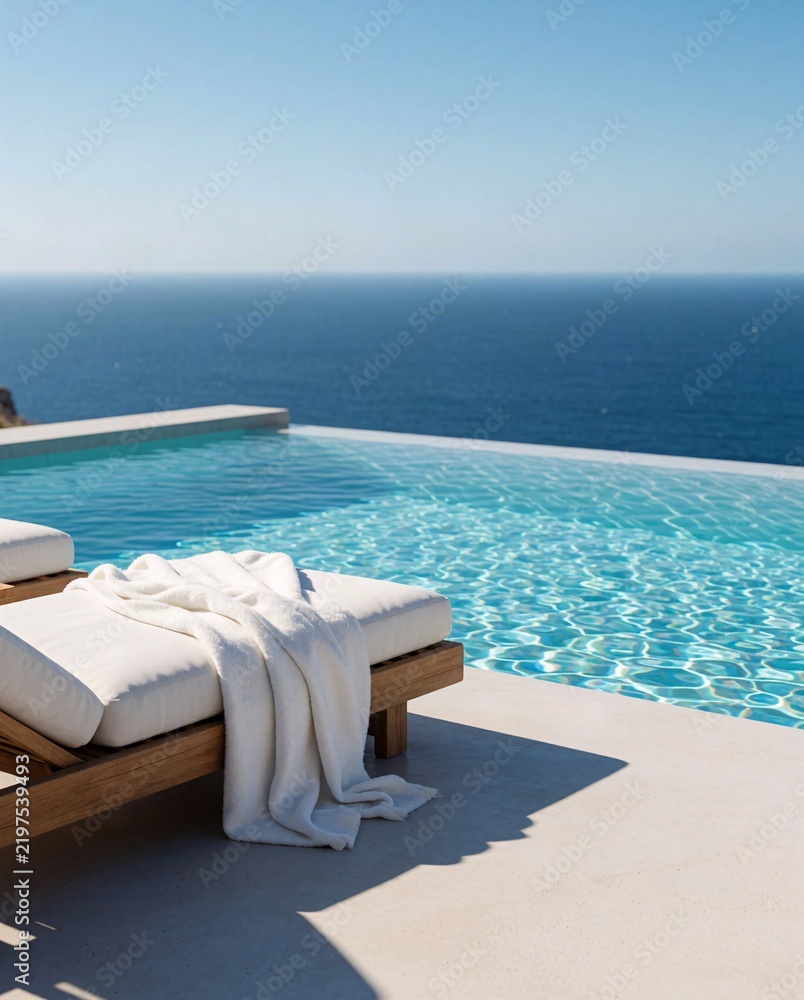 Obraz premium Sunbed with a white towel by an infinity pool overlooking the calm blue Mediterranean Sea