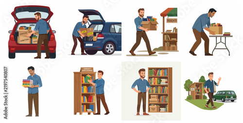 Foto Man Donating and Exchanging Books Set Illustration, Character Giving Books to Ch