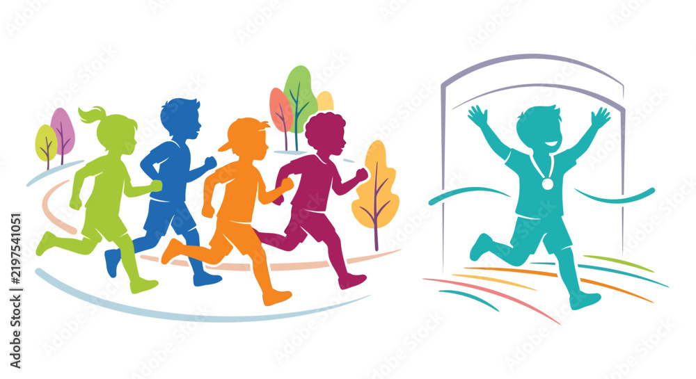 Obraz premium Running children silhouettes with a finish line and trees colorful vector illustration