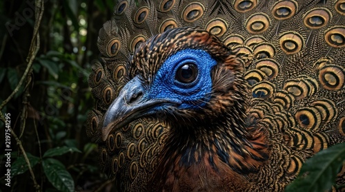 Close up portrait of a Great Argus pheasant in the wild.