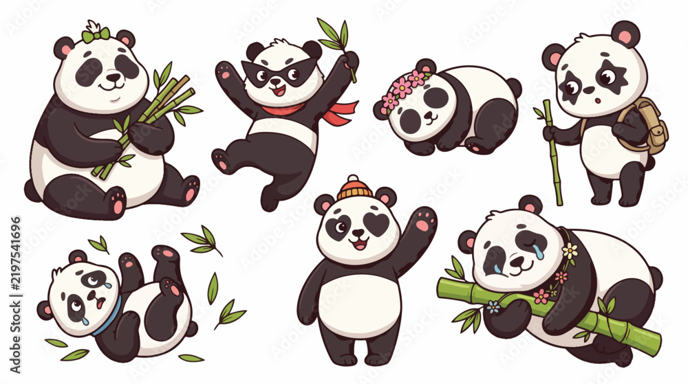 Obraz premium Cute Cartoon Pandas Collection in Playful Poses on White Background