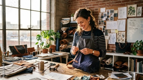 Female artisan crafting leather handbag in her creative workshop.
