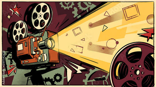 Retro Movie Projector Illustration in Pop Art Comic Style with Cinematic Light Projection
