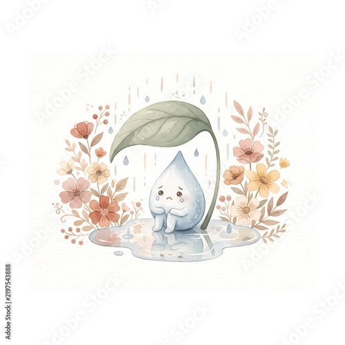 Cute Watercolor Sad Raindrop Sheltering Under Leaf Umbrella