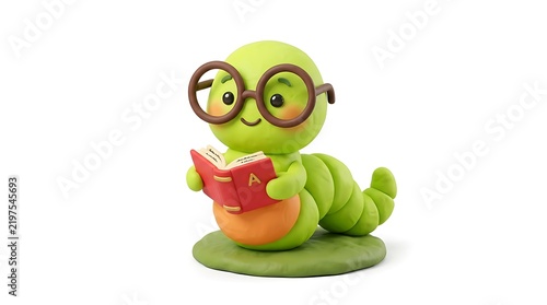 Cute green caterpillar figurine wearing glasses and reading a small red book