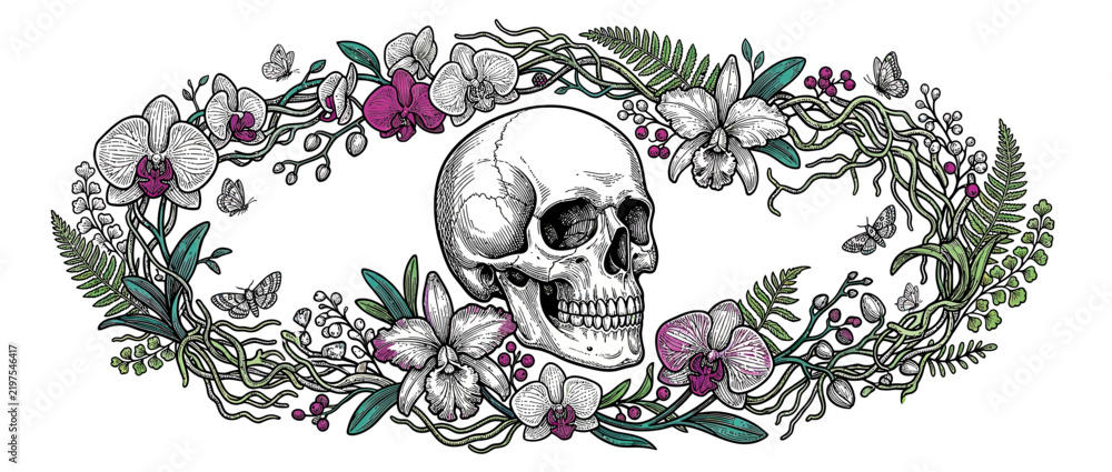 Fototapeta premium Ornate Skull Surrounded by Floral Wreath and Butterflies