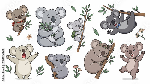 Photography Cute Cartoon Koalas Collection in Playful Poses on White Background