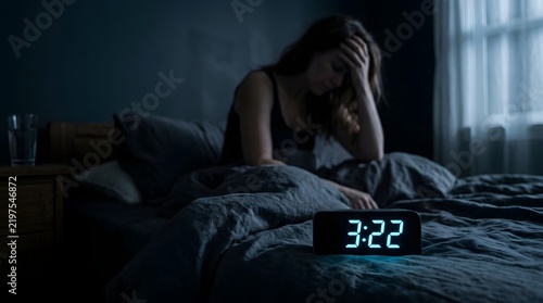 Insomnia concept with woman awake at night, digital alarm clock, sleep disorder at 3:22 AM