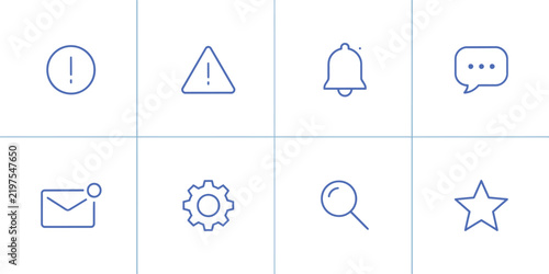 Eight minimalist blue outline icons for digital interface design during a clean studio setting