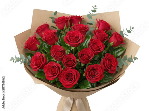 Abundant red roses bouquet with eucalyptus leaves isolated on a transparent background