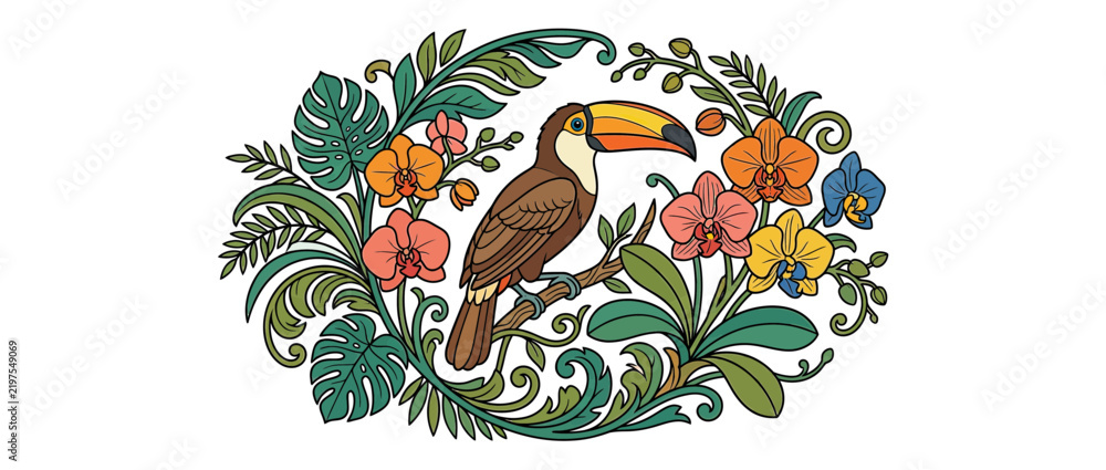Obraz premium Exotic Toucan Bird Perched Among Tropical Flowers and Leaves