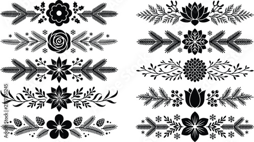 Bold winter flower dividers featuring poinsettia roses and pine branches for invitations