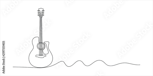 A single continuous line drawing of an acoustic guitar with wavy musical sound waves