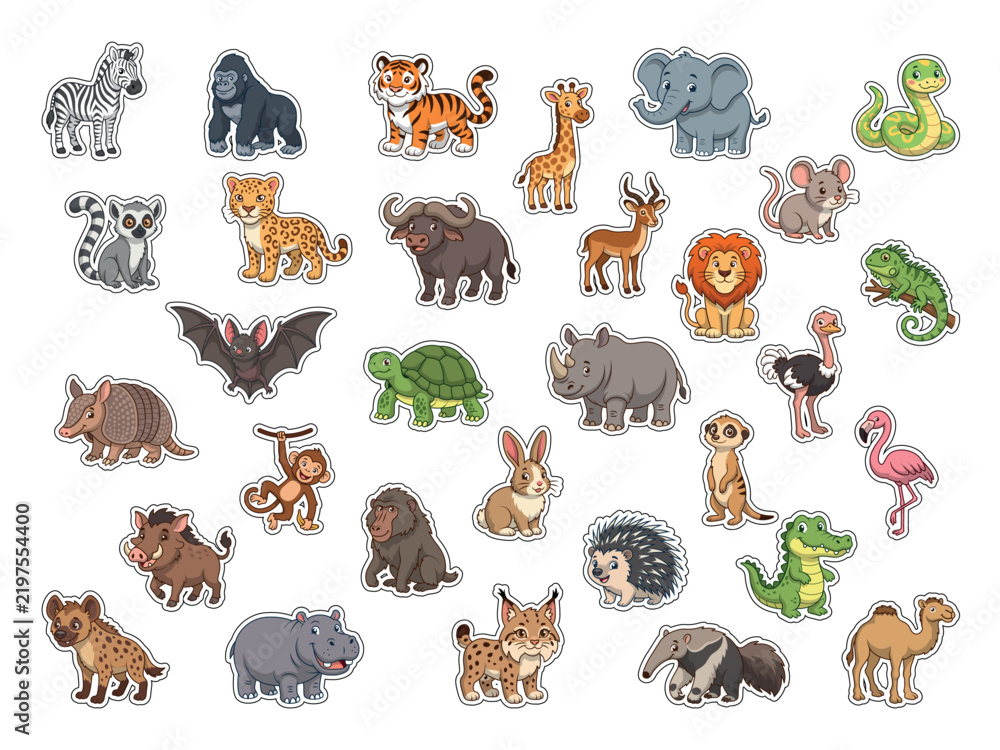 Fototapeta premium Set of cute cartoon savanna and wildlife animals stickers vector illustration