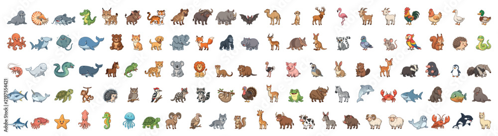 Fototapeta premium Mega set of cute cartoon wild, farm, and sea animals vector illustration