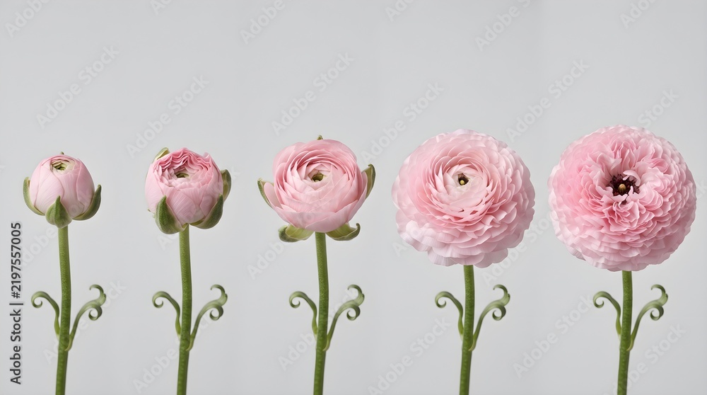 Obraz premium Light Pink Ranunculus Buttercup Flower Blooming Sequence Row Isolated on Clean White Background