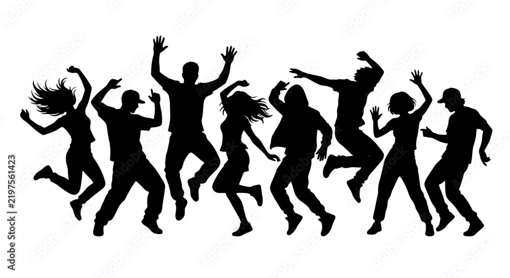 Fototapeta premium Silhouette Dancing People, Group Celebration Vector, Joyful Crowd Party Silhouettes