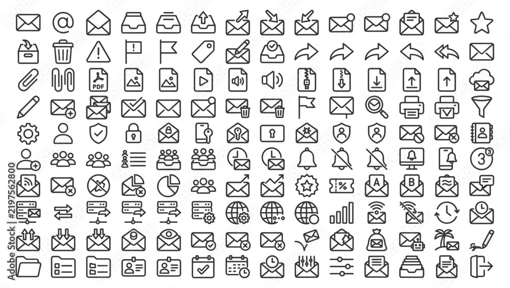 Obraz premium Email marketing and communication line icons set for digital messaging business correspondence and mailing software interface.