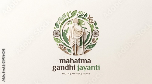 Mahatma Gandhi Jayanti commemorative emblem with circular floral frame isolated on white background