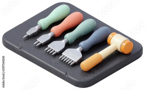 Canvastavla A set of five kitchen utensils arranged in a row on a black silicone tray, tray is rectangular in shape and has a smooth surface, isolated product element on transparent background