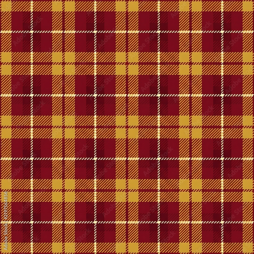 Tartan plaid pattern vector background, seamless red and gold flannel textile texture for winter holidays and festive fabric design