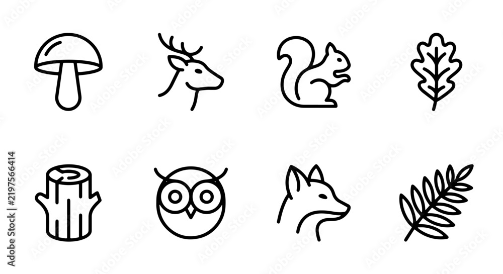 Fototapeta premium Forest Icons: Woodland Animals, Mushroom, Oak Leaf, Stump, Fern, Nature Elements