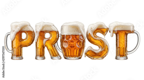 Prost spelled with beer mugs, mockup isolated on transparent background, Oktoberfest