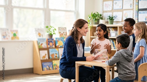 Female teacher interacting with diverse young students in a classroom