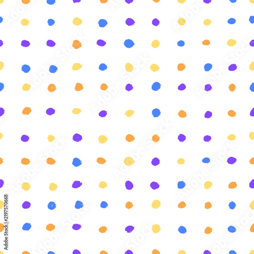 Hand drawn funky colorful bold squiggles seamless pattern with small imperfect crayon dots scattered, playful textured circular marks creating a cheerful modern handcrafted seamless background