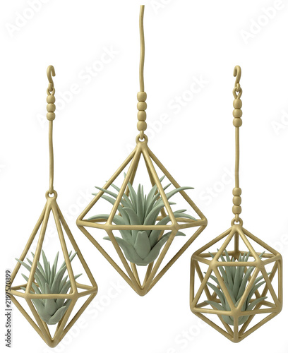 Three hanging planters made of gold-colored metal, planter is in the shape of a diamond, with a small air plant inside, isolated product element on transparent background.
