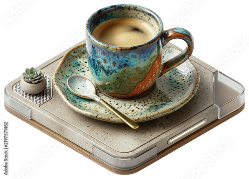 A coffee cup and saucer on a tray, cup is made of ceramic and has a blue and orange speckled pattern with realistic artisanal craft details, isolated product element on transparent background.