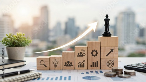 Strategic Business Growth Concept with Chess Piece on Wooden Blocks and Rising Arrow